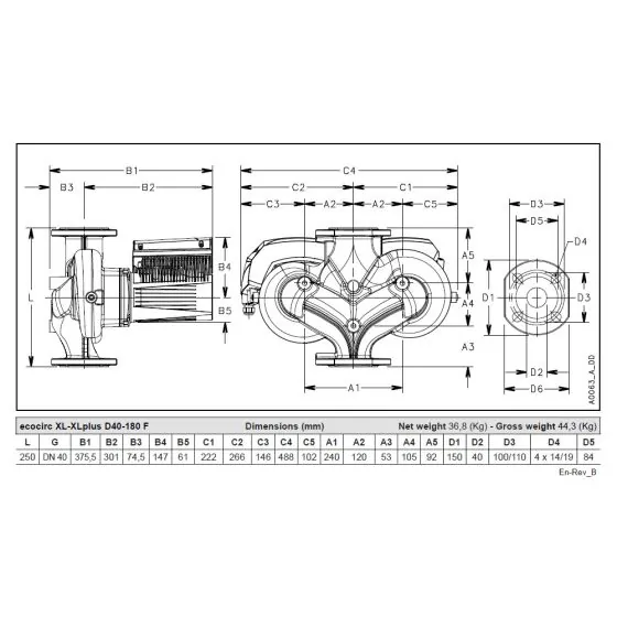 Lowara Ecocirc XLplus D 40-180 F 250mm (E501280AA) - Pumps UK